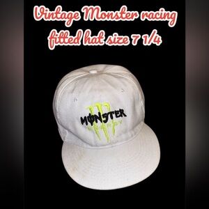 Vintage Monster Energy Racing Fitted Hat | White | Size 7 1/4 (58cm)